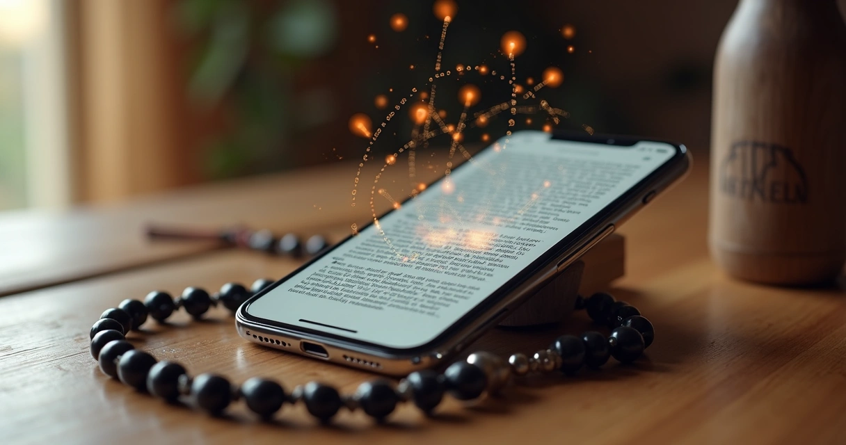 Aplicativo religioso sobre a Bíblia aberto com algoritmos em volta 