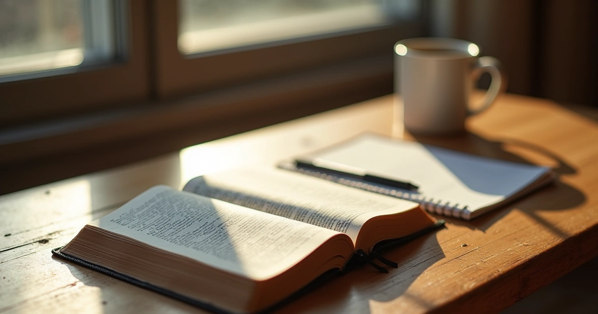 Bíblia aberta e livro devocional sobre uma mesa, com luz suave de manhã 