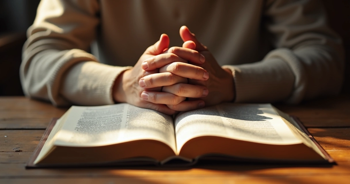 Mãos fechadas em oração sobre uma Bíblia aberta em mesa de madeira.