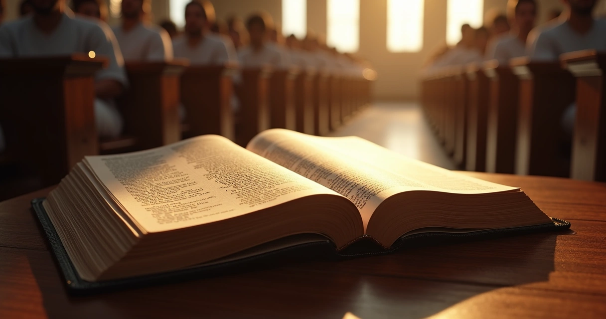 Bíblia aberta sobre banco de igreja 