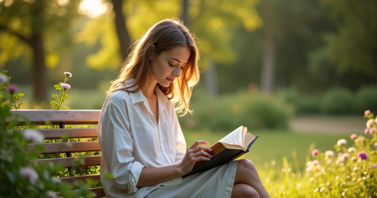 Mulher lendo a Bíblia em um jardim ensolarado 