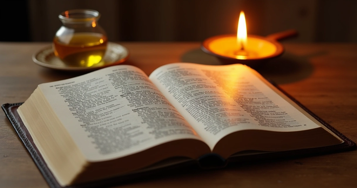 Bíblia aberta com uma lamparina acesa ao lado, óleo derramando em luz suave 