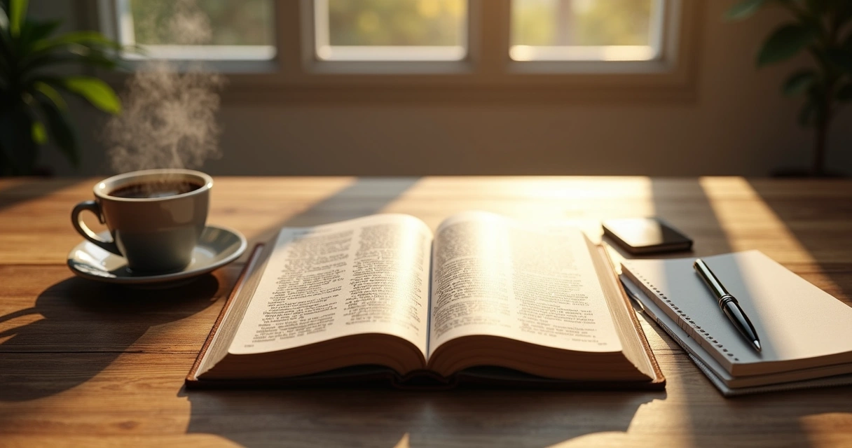 Bíblia aberta, café e caderno sobre mesa de madeira 