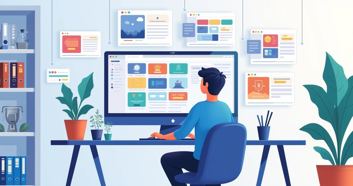 Designer organizando biblioteca de ícones e componentes visuais em pastas digitais 