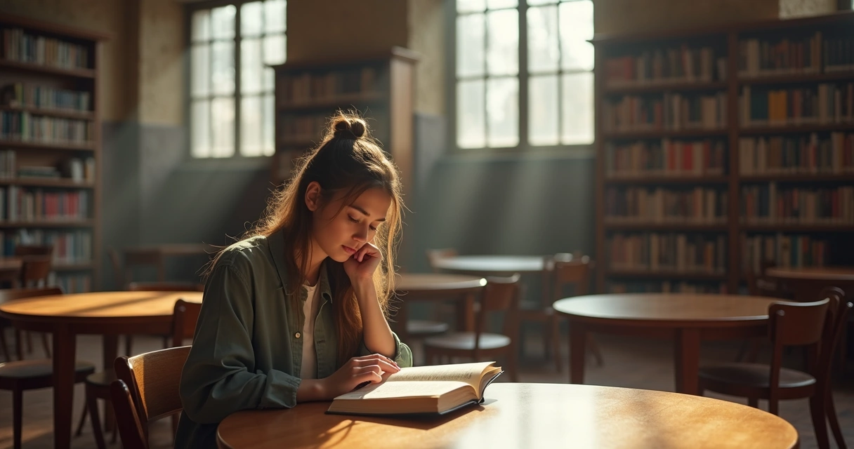 Pessoa lendo livro em biblioteca silenciosa 