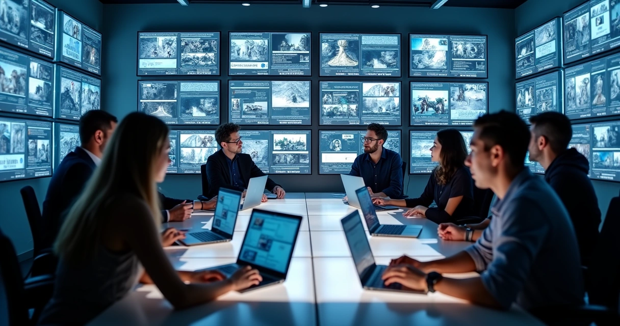 Equipe analisando biblioteca digital de clipes gerados por IA. 