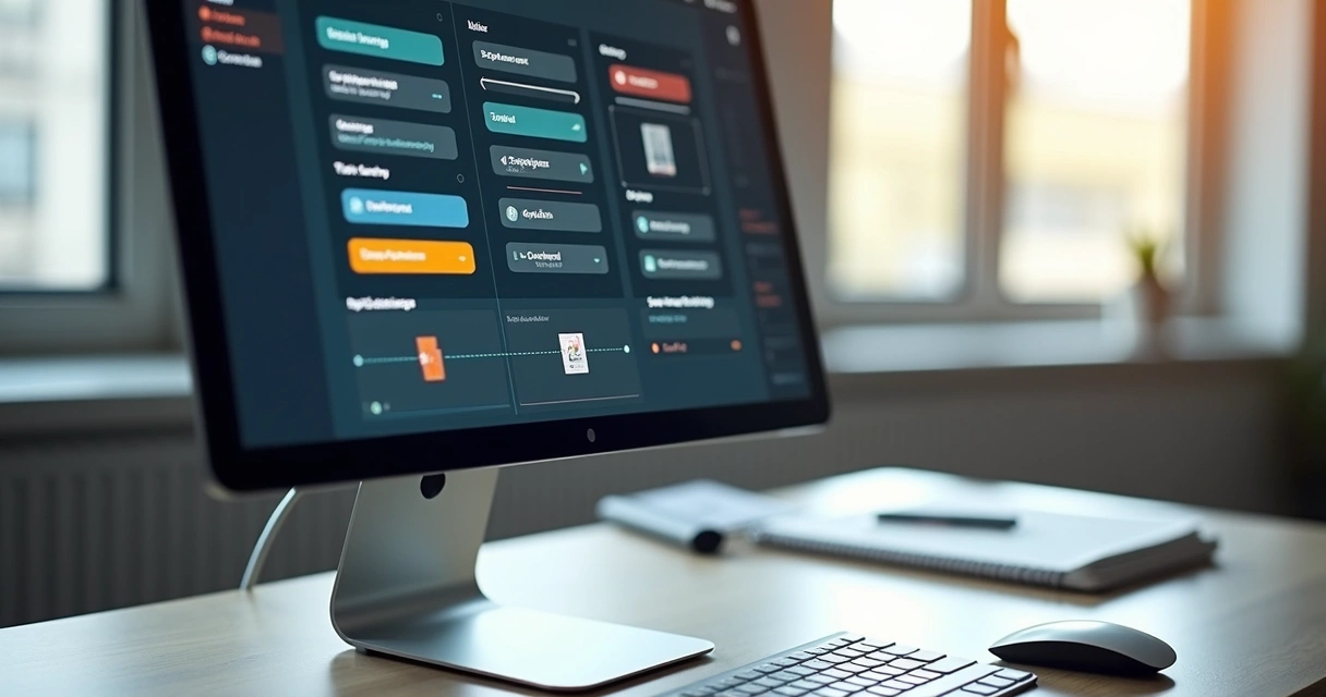 Tela de computador exibindo biblioteca de componentes de design com guias e tokens de design visíveis em interface limpa e moderna 
