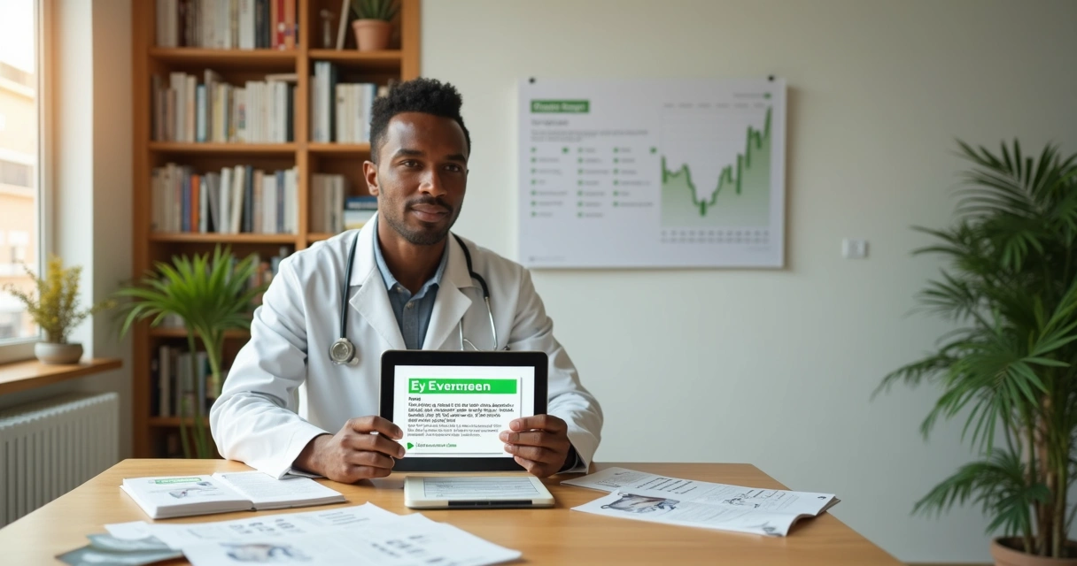 Dentista em biblioteca moderna destacando conteúdo marcado como evergreen em tablet 