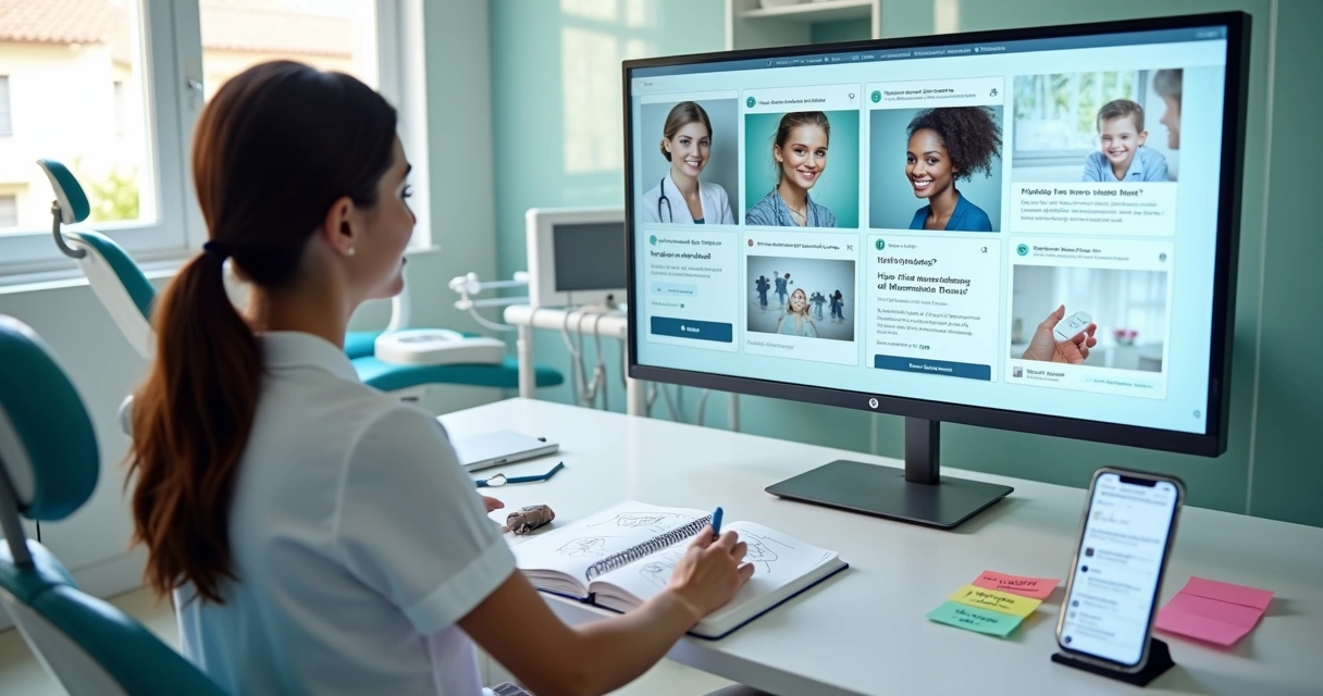 Dentista planejando biblioteca de criativos de anúncios em computador com exemplos na tela 