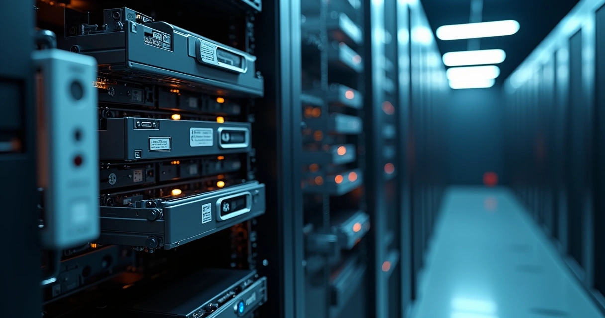 Biblioteca de fita aberta, fitas em slots diferentes, visível mecanismo de troca 