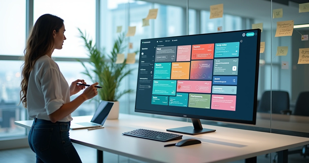 Biblioteca digital de componentes de design organizada em tela grande contemporânea 