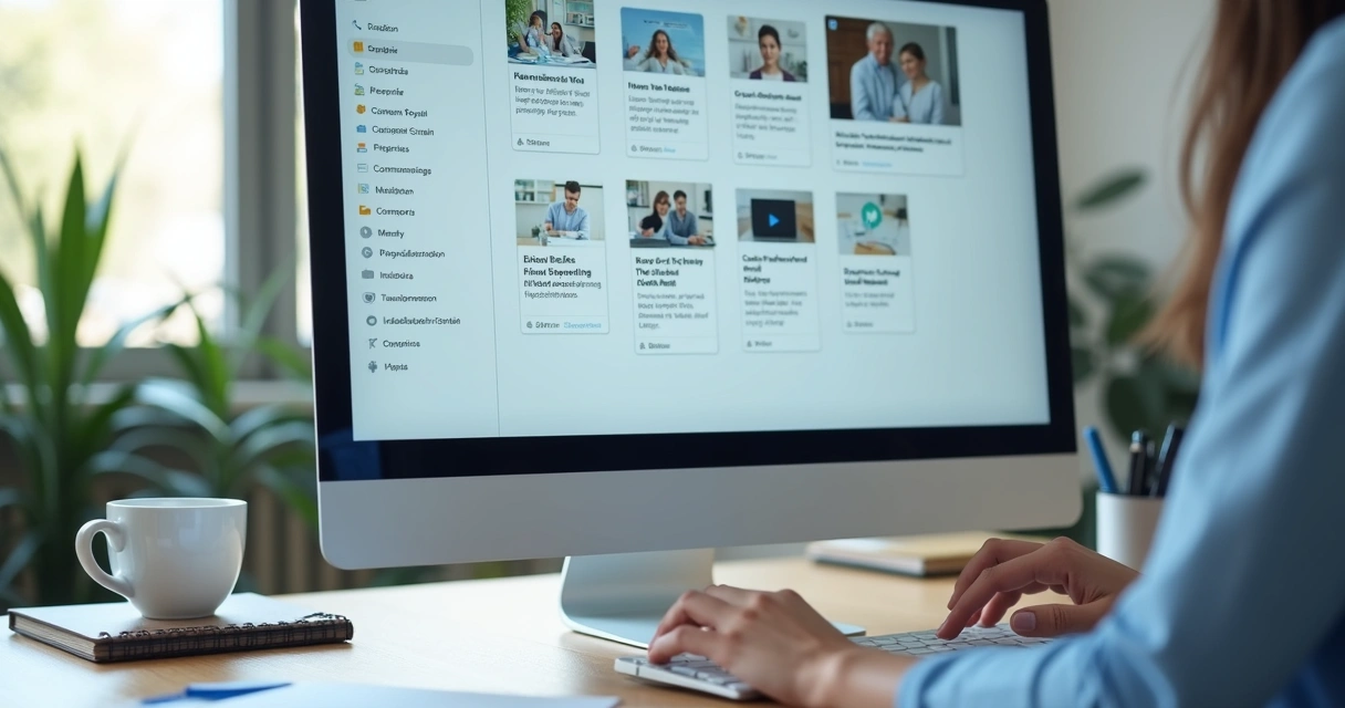 Tela com biblioteca digital de conteúdos organizada por categorias 