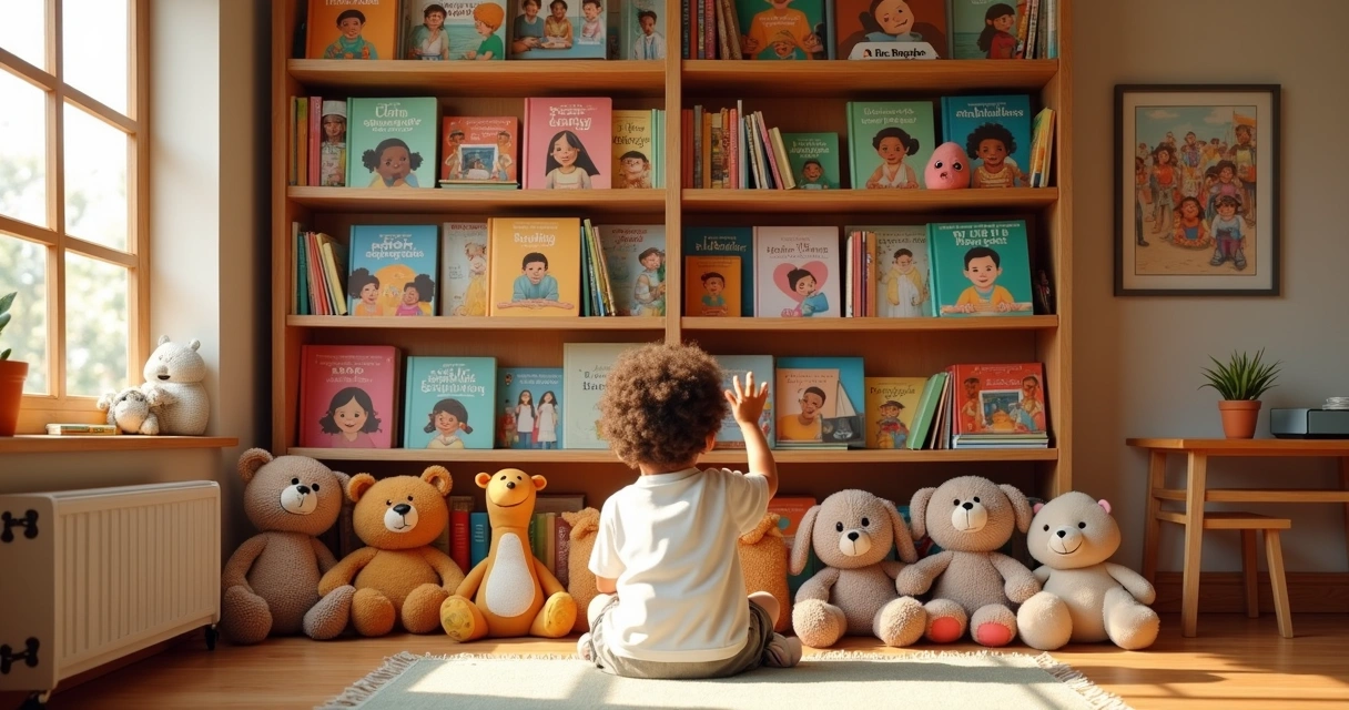 Estante infantil com livros coloridos diversos 