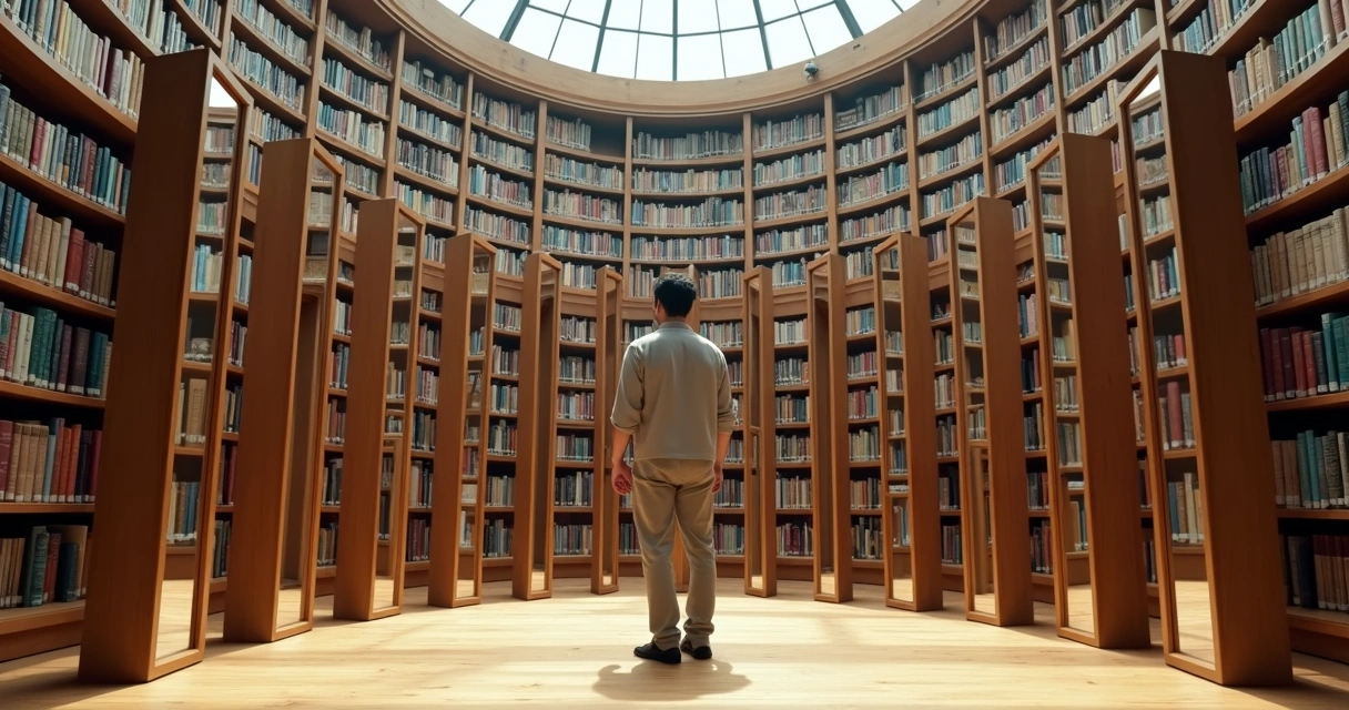 Pessoa vendo múltiplos reflexos em espelhos numa biblioteca ampla 
