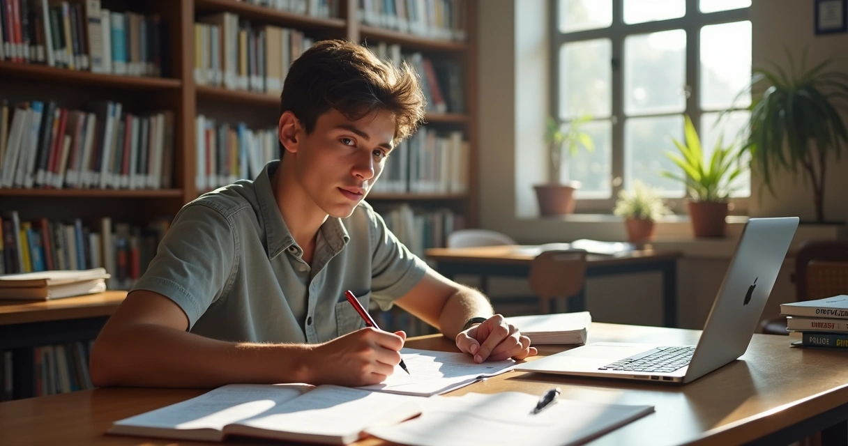 Pessoa estudando em uma biblioteca, cercada de livros e anotações 