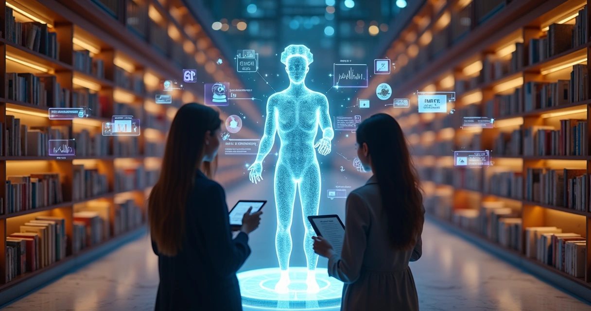 Bibliotecária digital holográfica recomenda livros conectados a marcas para duas empreendedoras 