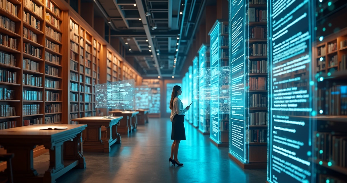 Biblioteca futurista com prateleiras físicas de um lado e hologramas de IA do outro 