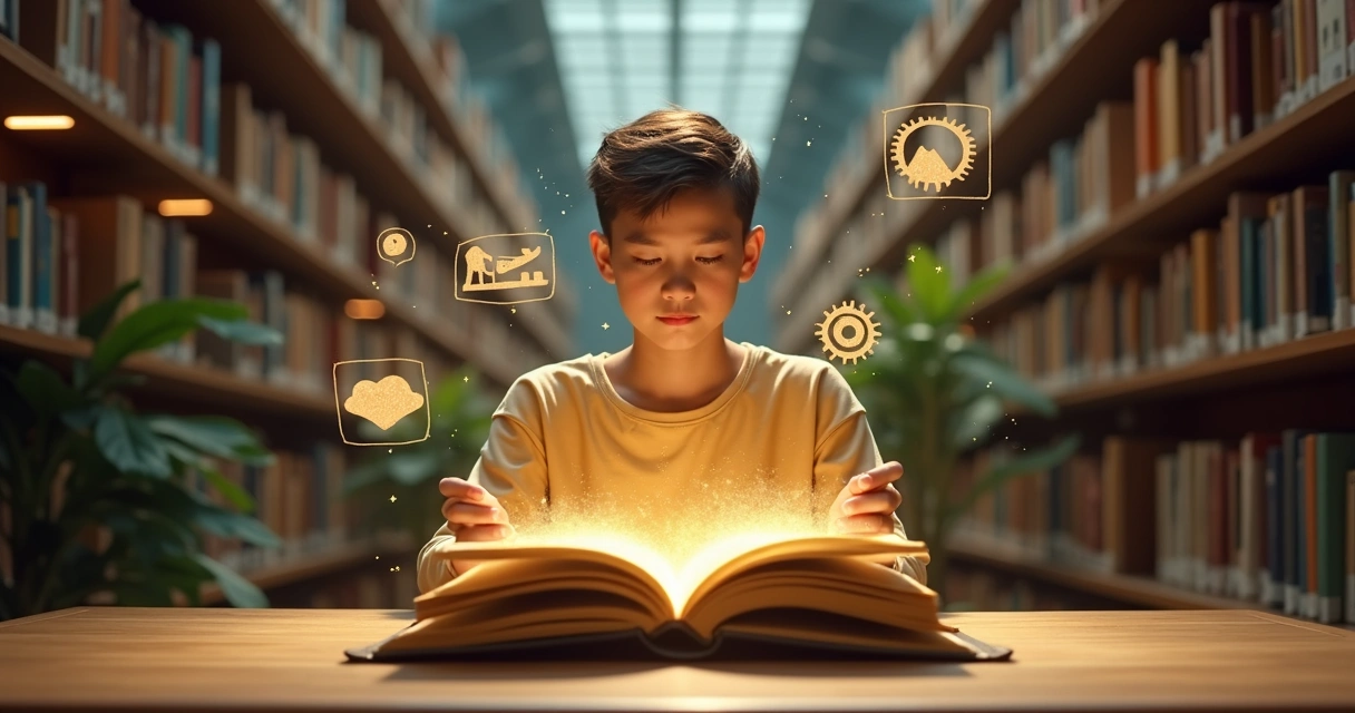 Persona leyendo en una biblioteca con historias flotando como destellos alrededor 