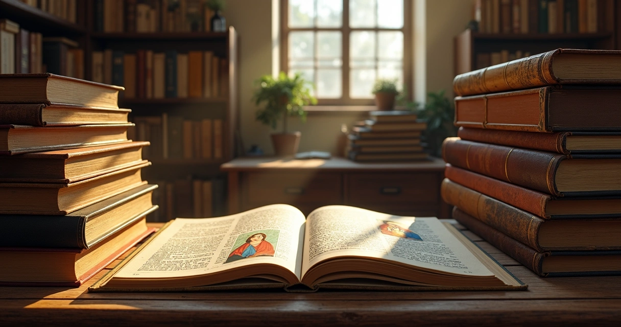 Livros antigos e atuais sobre Maria em uma biblioteca iluminada 