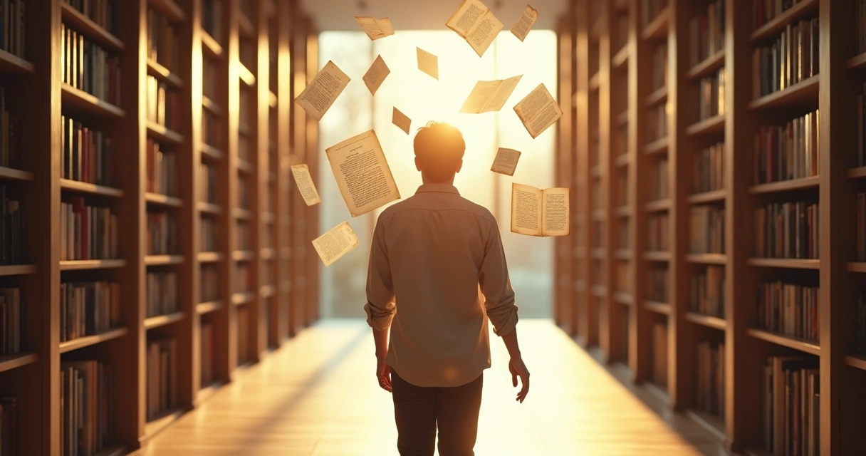 Pessoa em biblioteca caminhando entre corredores com páginas flutuando ao redor da cabeça 