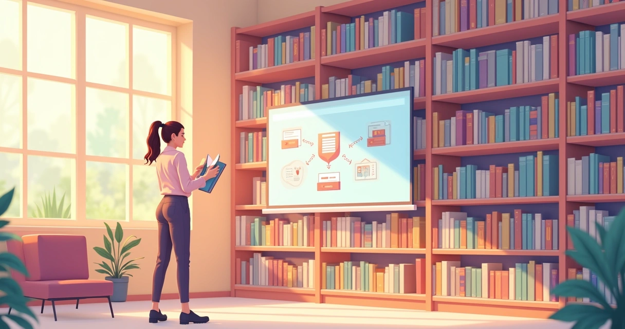 Ilustração de uma biblioteca organizada com estantes bem categorizadas e luz suave iluminando o ambiente.