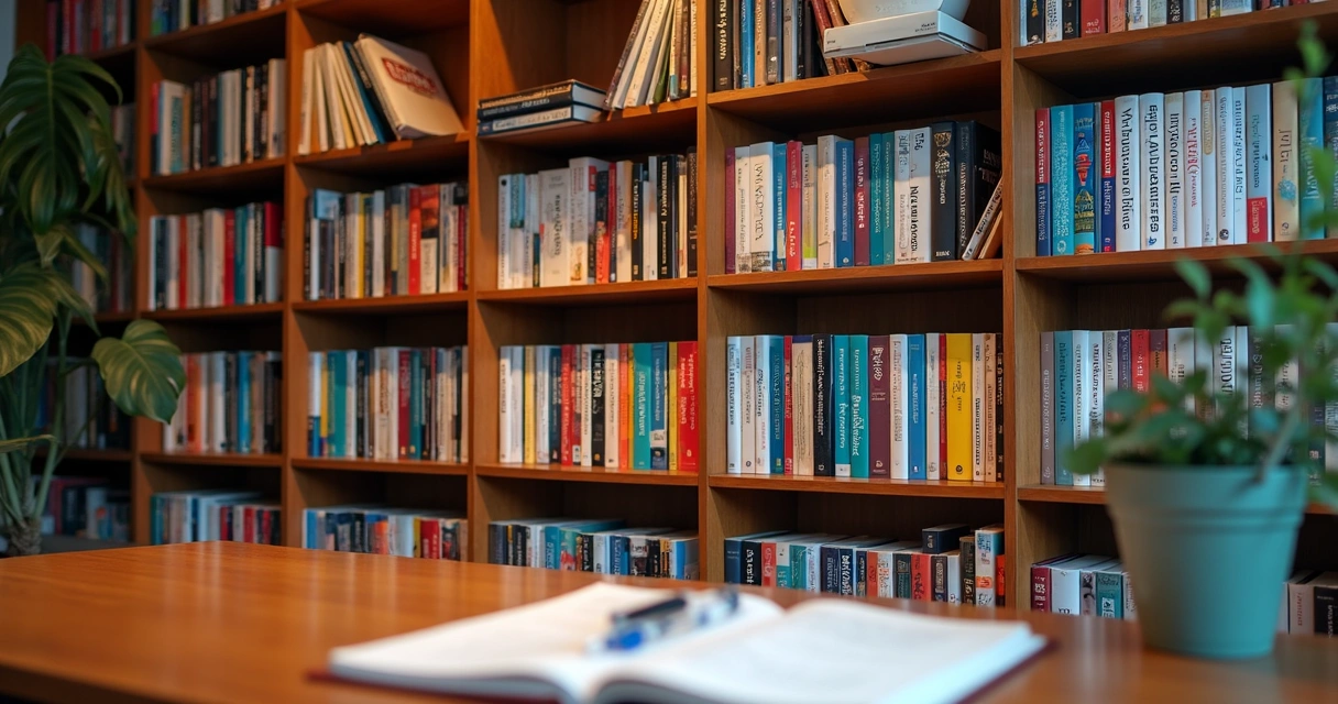 Estante com livros de marketing organizados por tema 