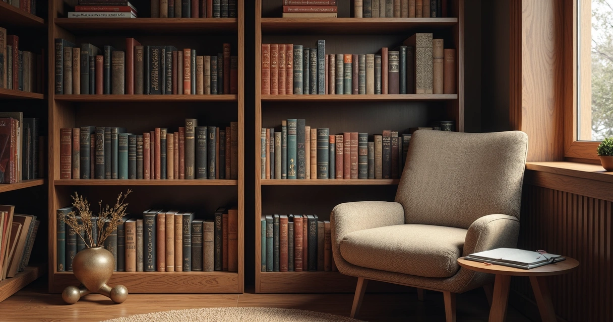 Estantería con libros y cuaderno de reflexión en un espacio tranquilo