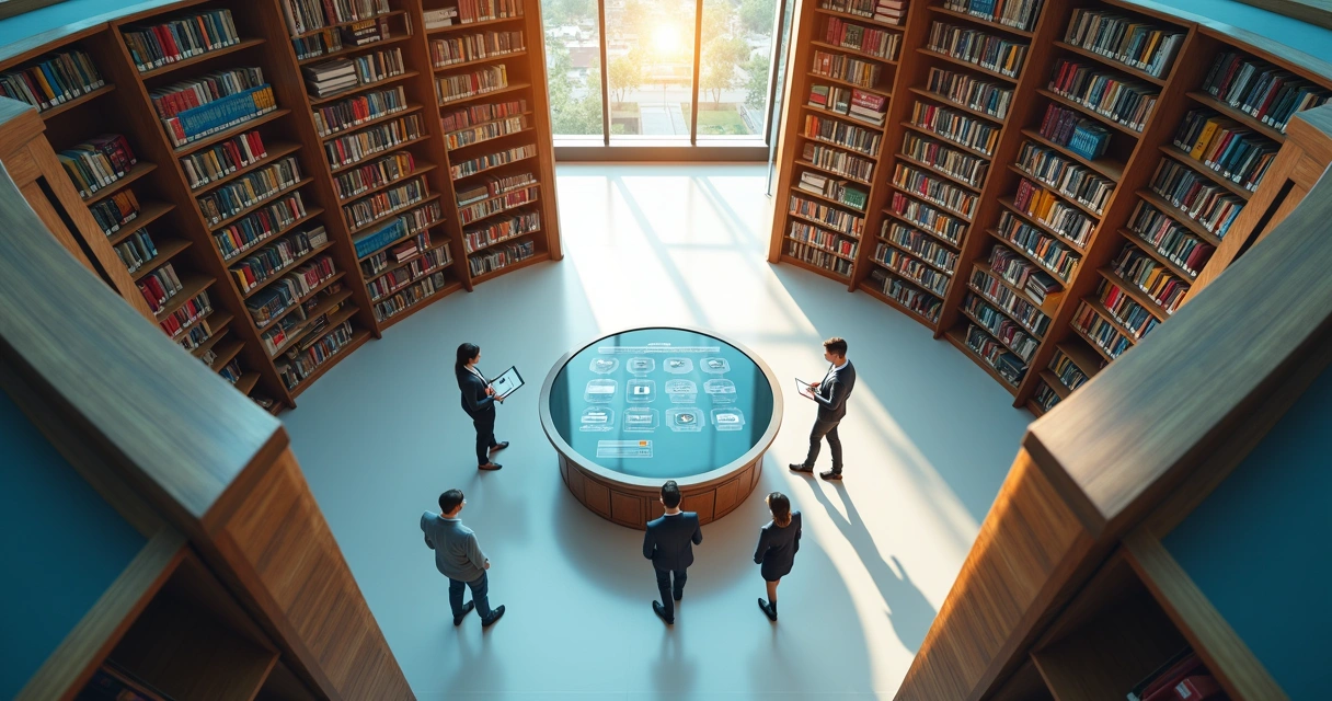 Biblioteca moderna com estantes formando um cadeado visto de cima 