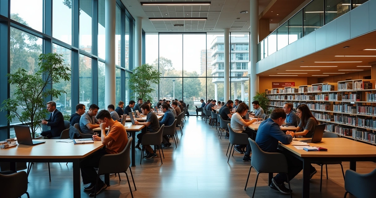 Biblioteca universitária na Austrália, ambiente moderno e estudantes
