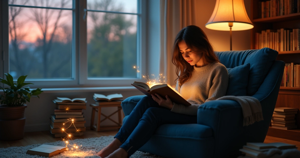 Mujer leyendo en sillón rodeada de libros con luz cálida 