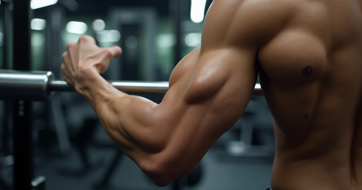 Braço com bíceps definido segurando barra na academia 