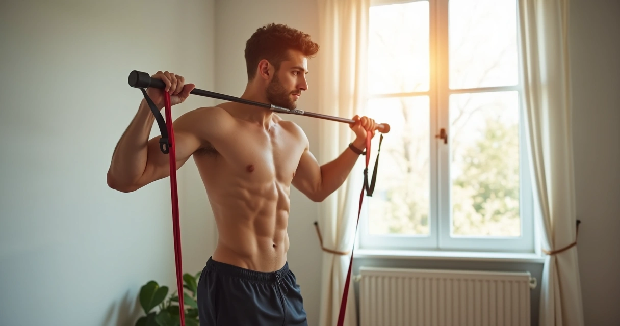 Jovem fazendo exercício de bíceps com elástico em casa clean