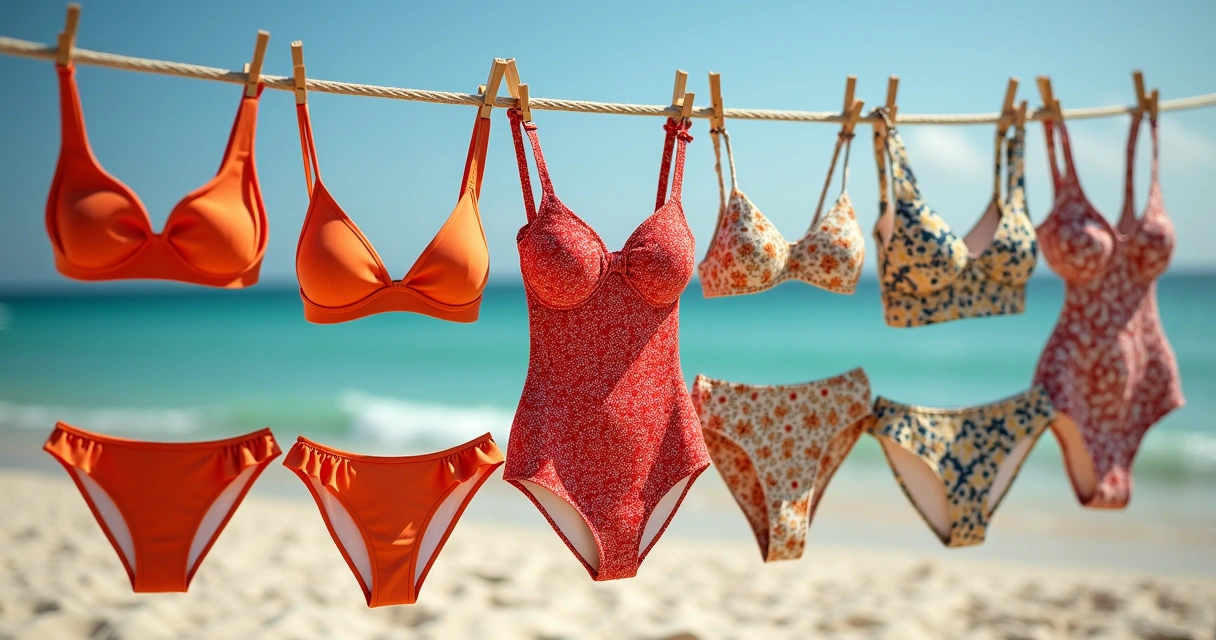 Diversos biquínis e maiôs sustentáveis dispostos em um varal 