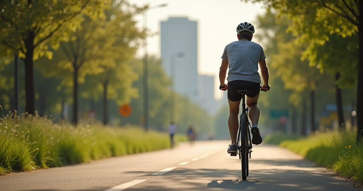 Pessoa andando de bicicleta em parque urbano ao lado de árvores