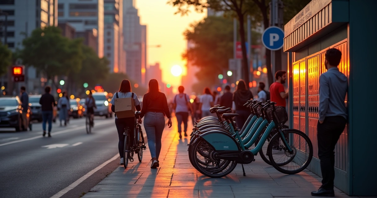 Bicicleta compartilhada parada em calçada de centro urbano 