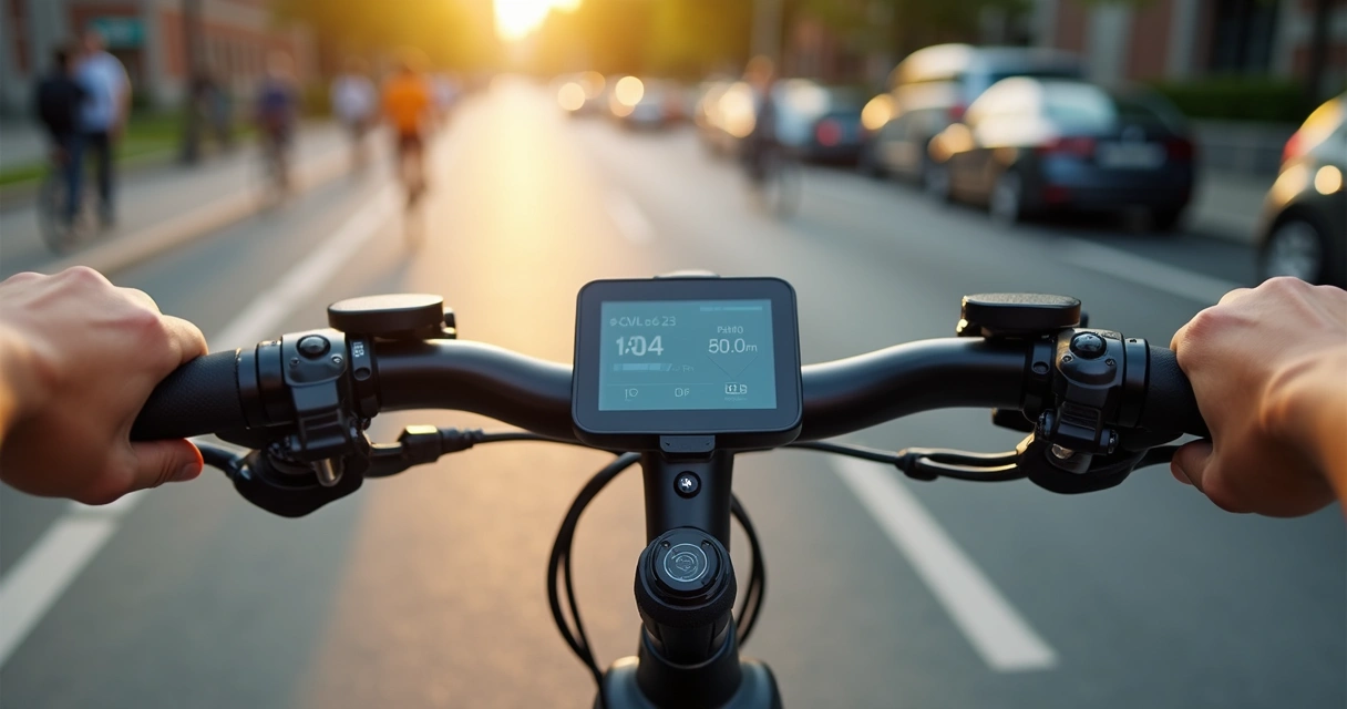 Painel de bicicleta elétrica sendo usado em uma via urbana com ciclovia 