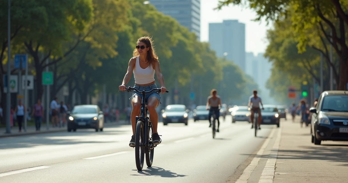 Mulher pedalando bicicleta elétrica urbana em cidade brasil 