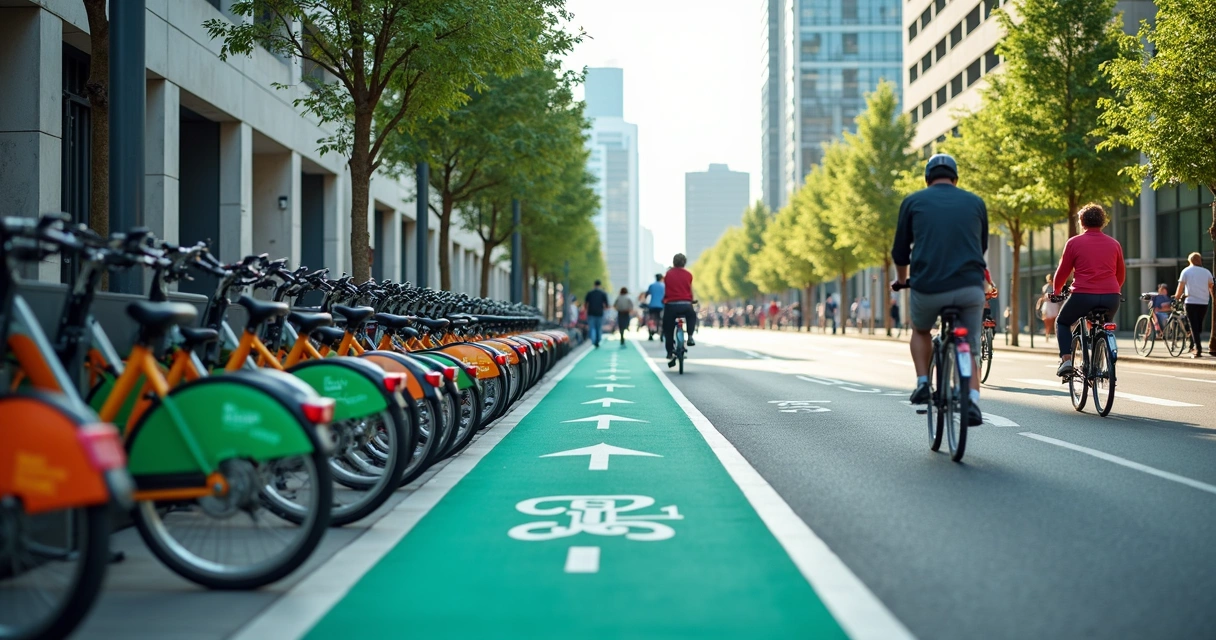 Estação de bicicletas urbanas compartilhadas ao lado de ciclovia em plena cidade 