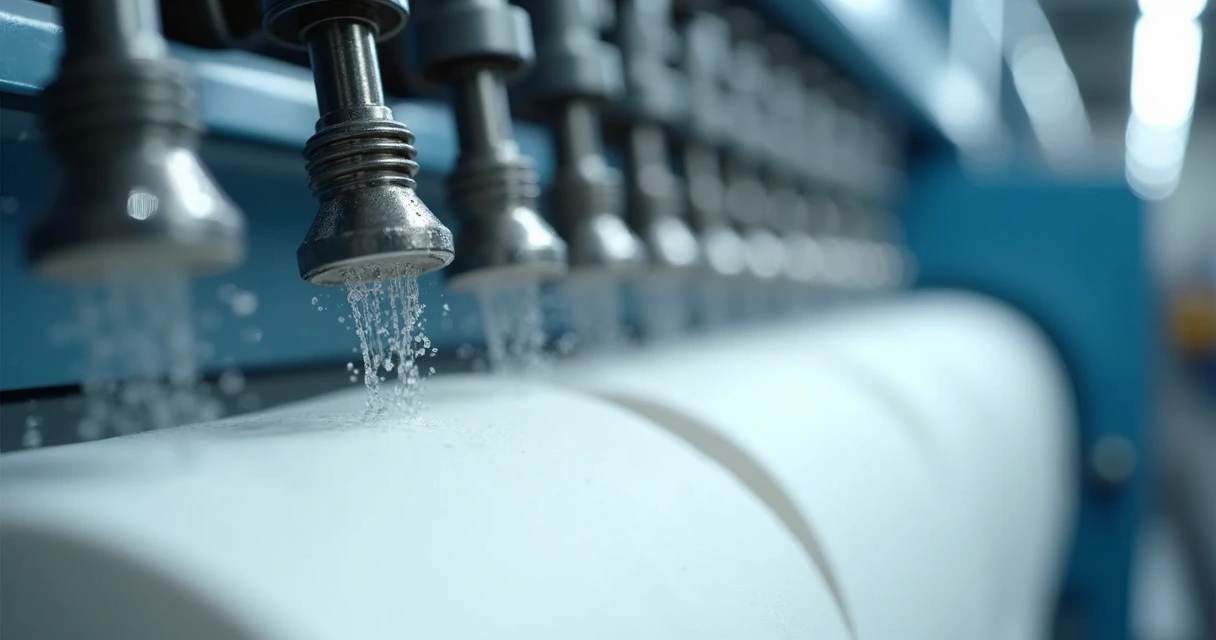 Bicos industriais instalados em máquina de papel tissue 