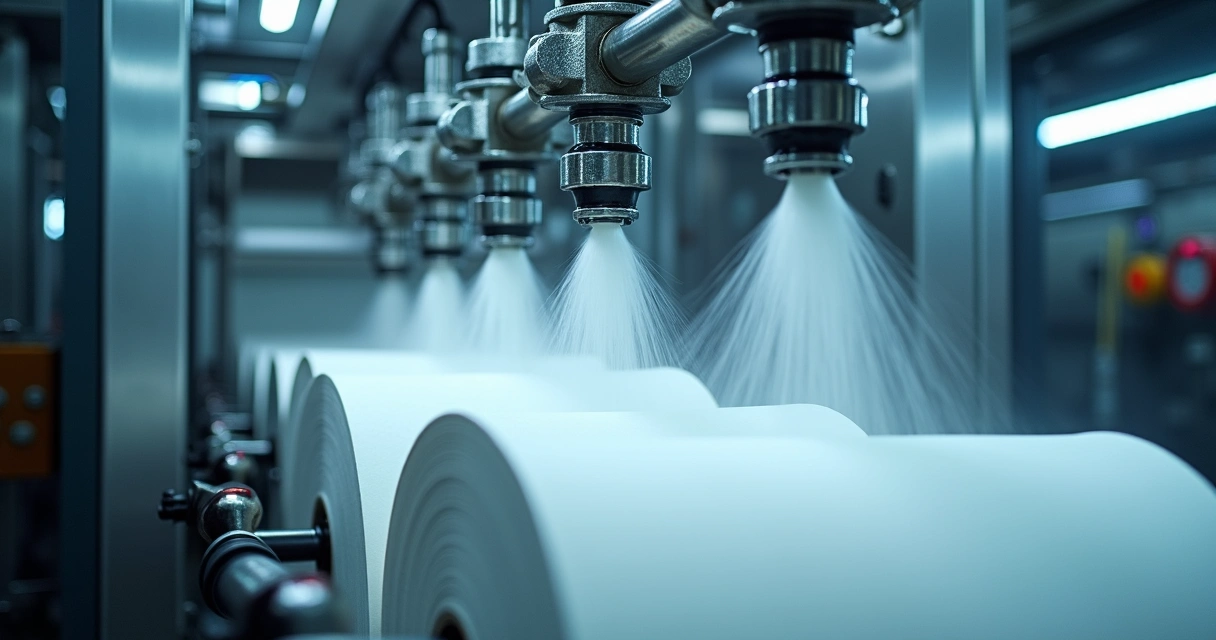 Bicos industriais em operação dentro de máquina de papel tissue.