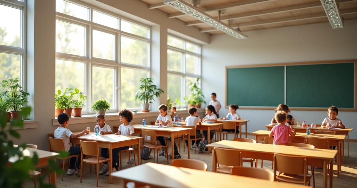 Interior de un aula escolar con ambiente armonioso y alumnos participando activamente 