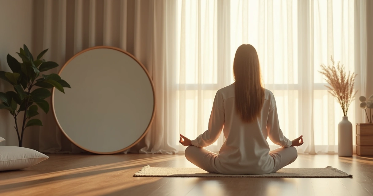 Mujer meditando en una sala iluminada mientras observa su reflejo en un espejo redondo