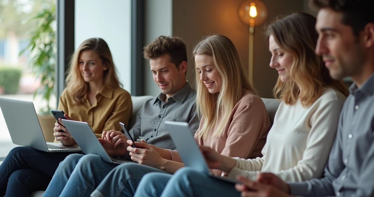 Varias personas mostrando emociones pausadas usando sus dispositivos juntos 