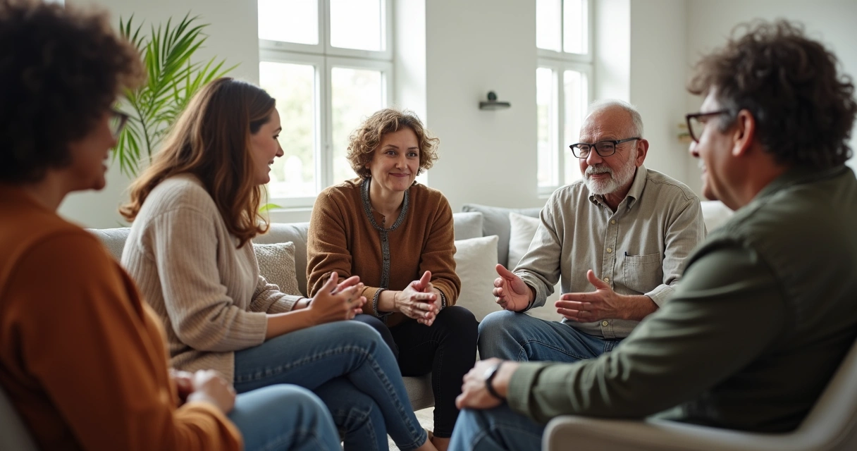 Personas compartiendo en círculo, con ambiente de diálogo y respeto 