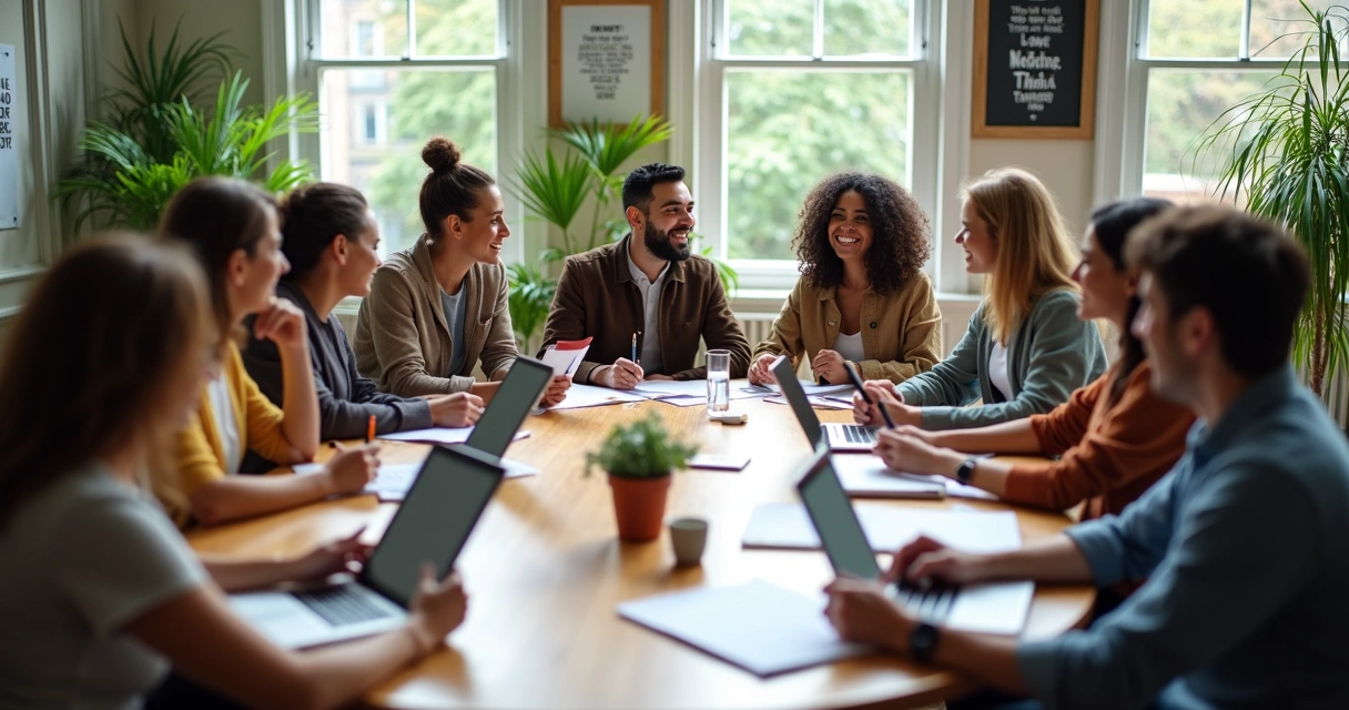 Grupo de personas colaborando en un proyecto en ambiente amigable 