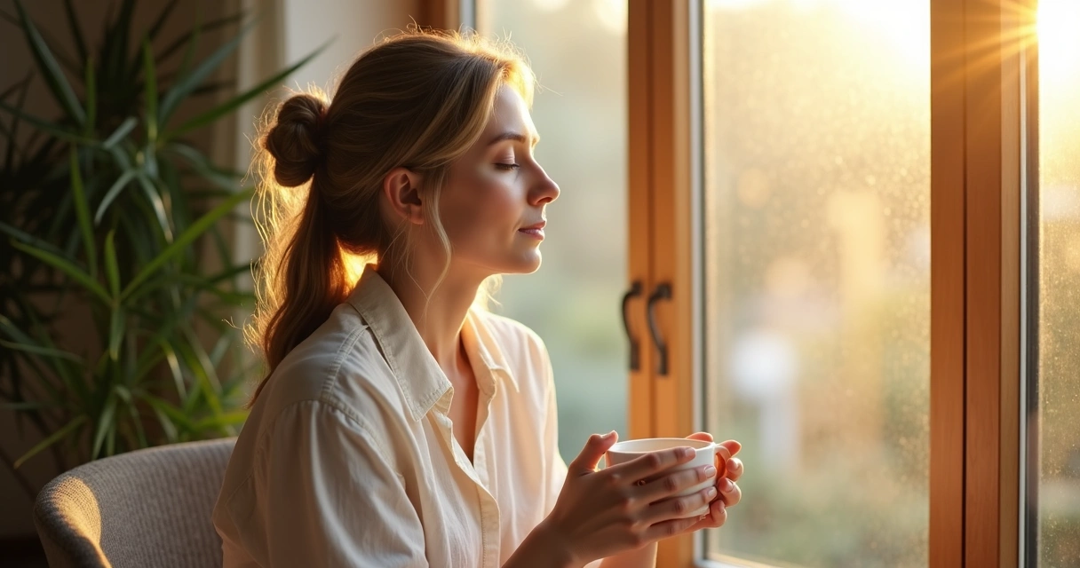 Mujer sentada tranquila con una taza, luz cálida entrando por la ventana