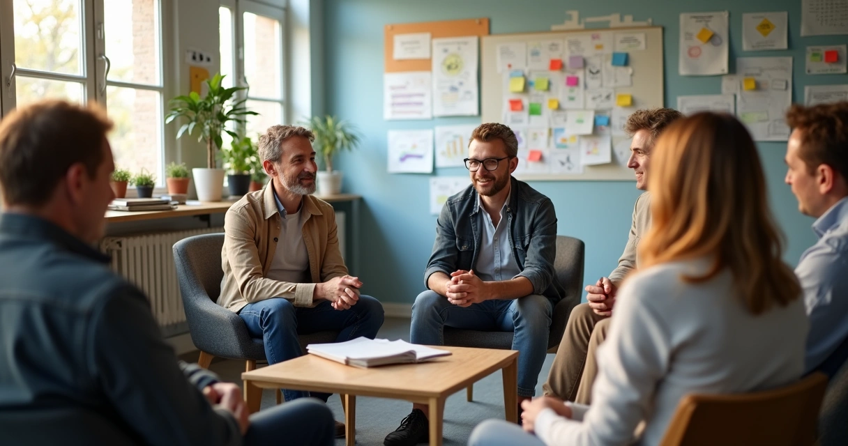 Diversidad de equipo conversando sobre bienestar en oficina luminosa 