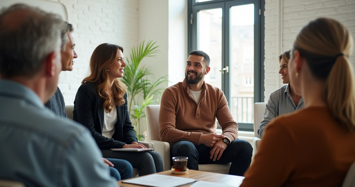 Grupo de personas conversando en círculo en sala de reuniones 