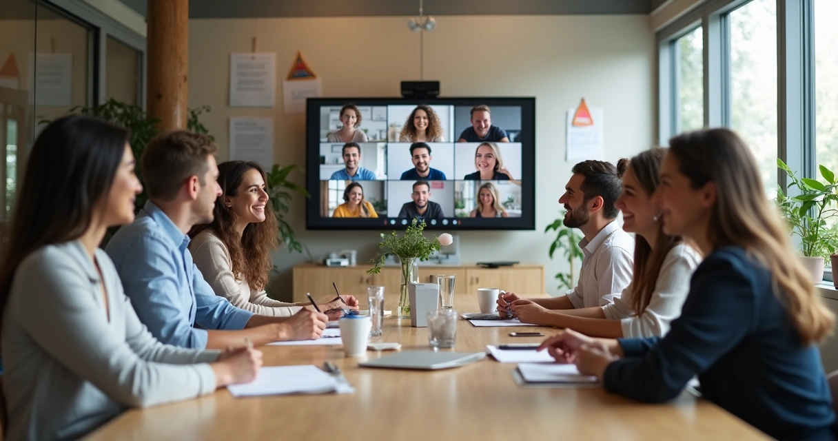 Reunión mixta de equipo en ambiente de trabajo saludable 