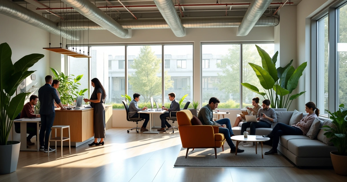 Espacio de oficina moderno con áreas de descanso y plantas naturales 